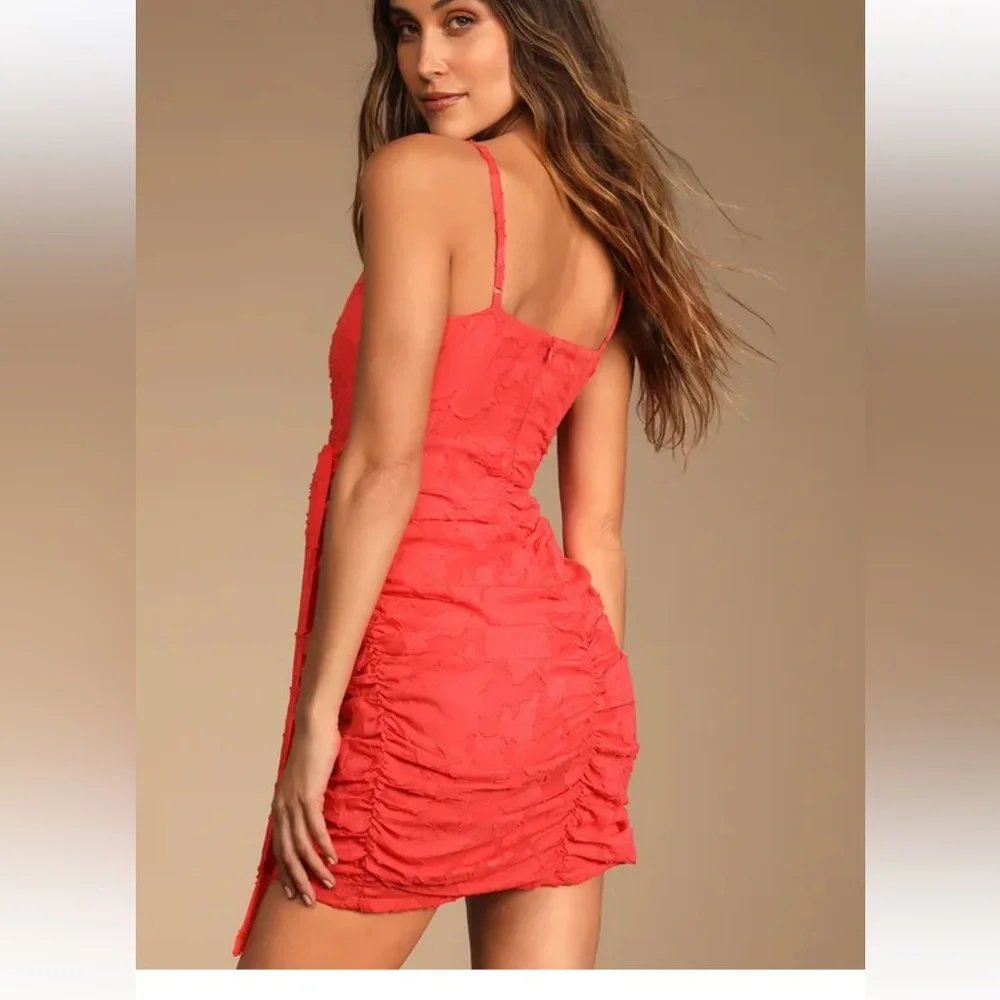 Lulus Primped to Perfection Red Floral Burnout Chiffon Ruched Dress - Picture 3 of 11